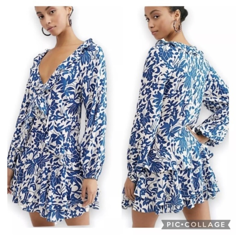 Free People Rebecca Ruffle Floral Mini Dress Long Sleeve Emerald Blue White L